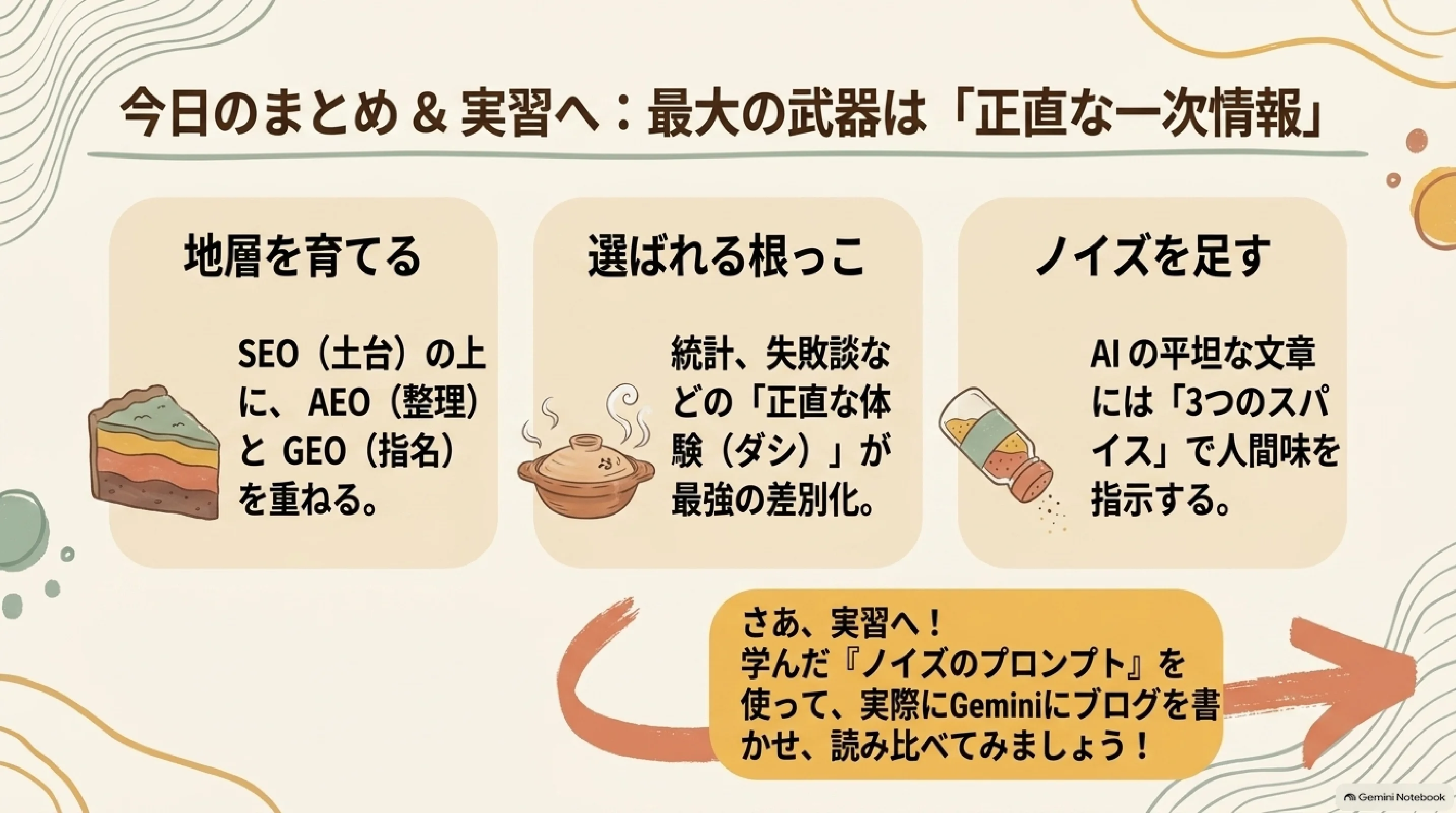 一次情報を根にしてSEO・AEO・GEOとノイズを使うまとめ