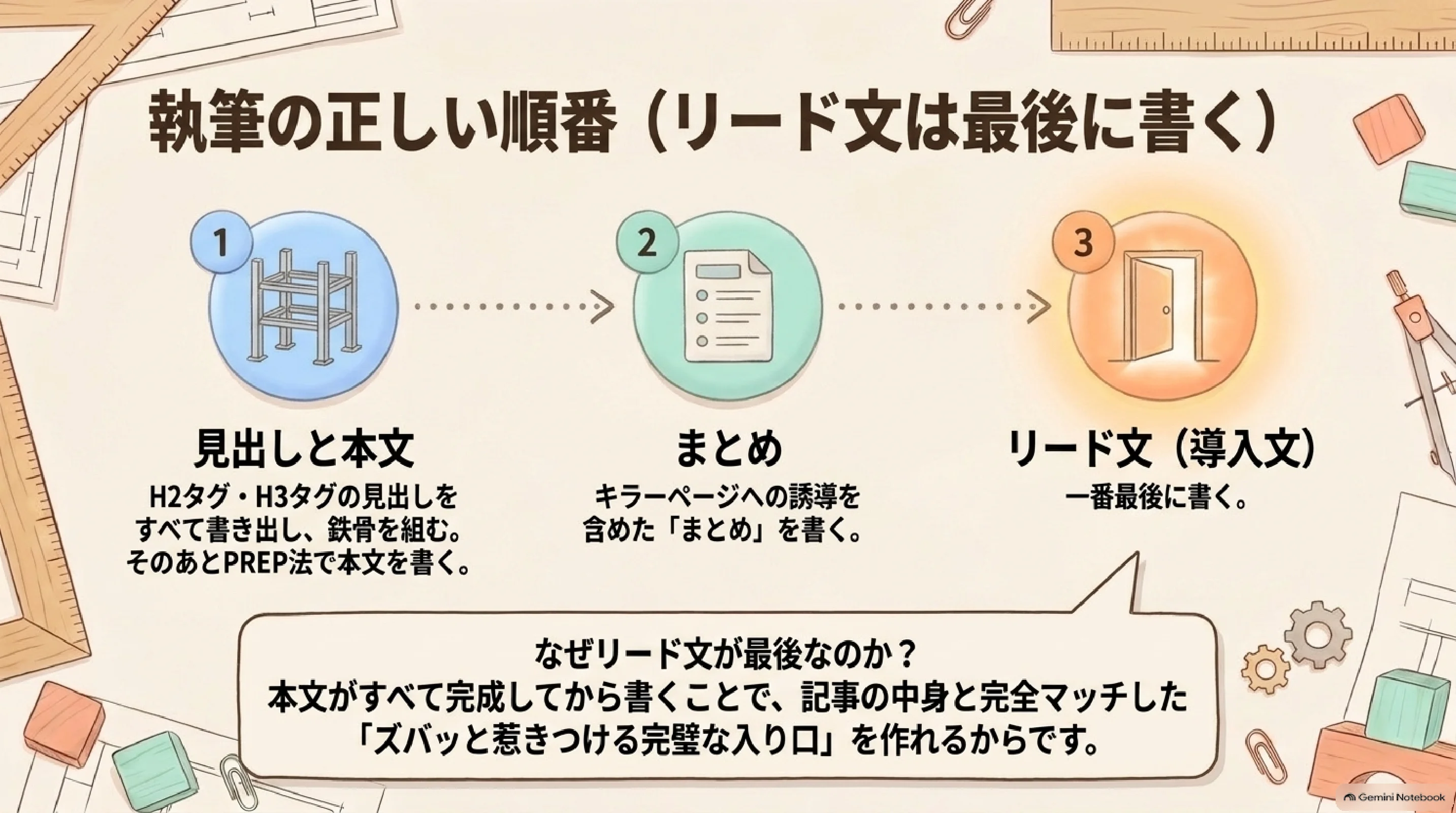 見出しと本文を書いてまとめとリード文は最後