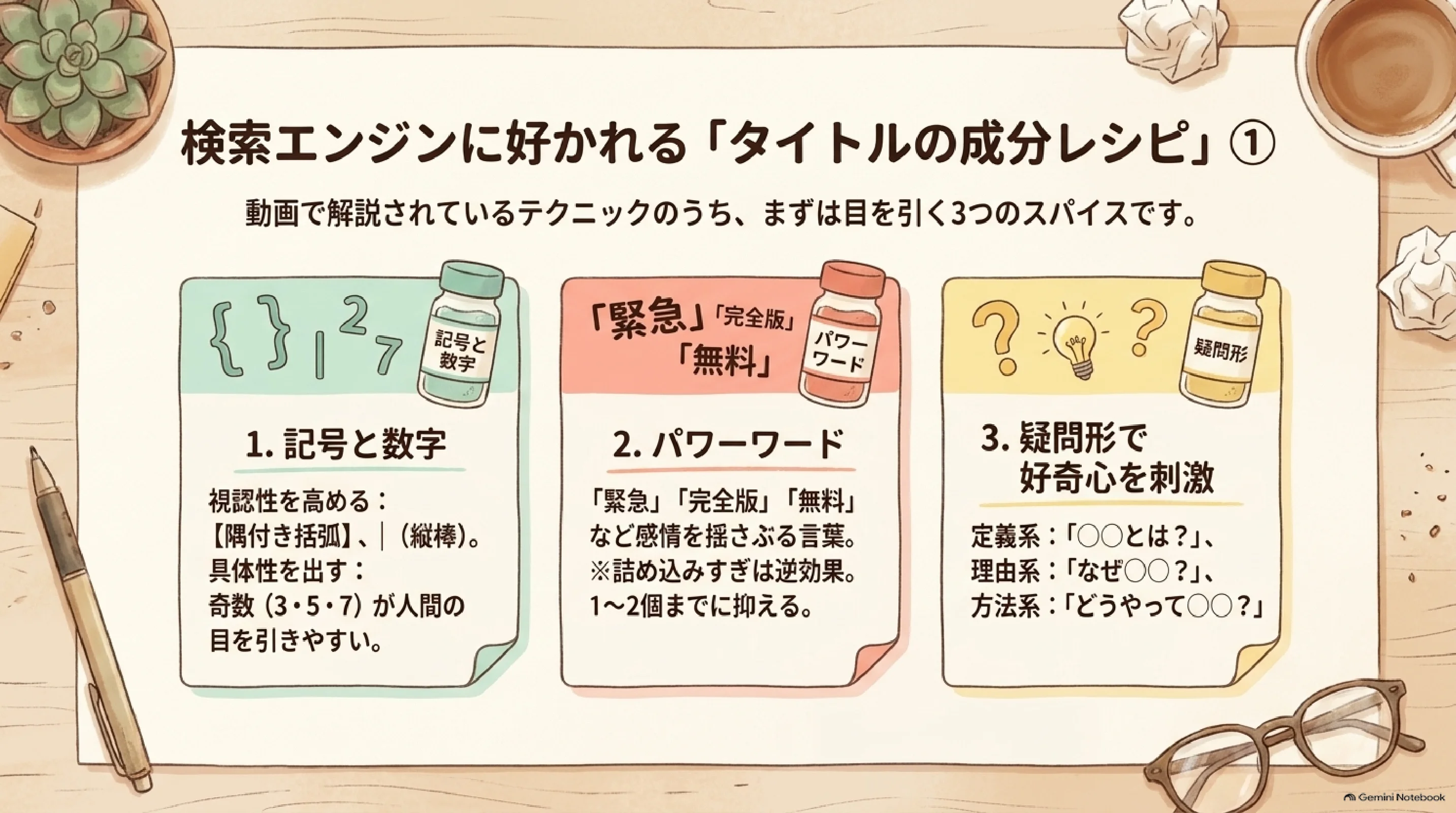 記号と数字と疑問形でタイトルを整える