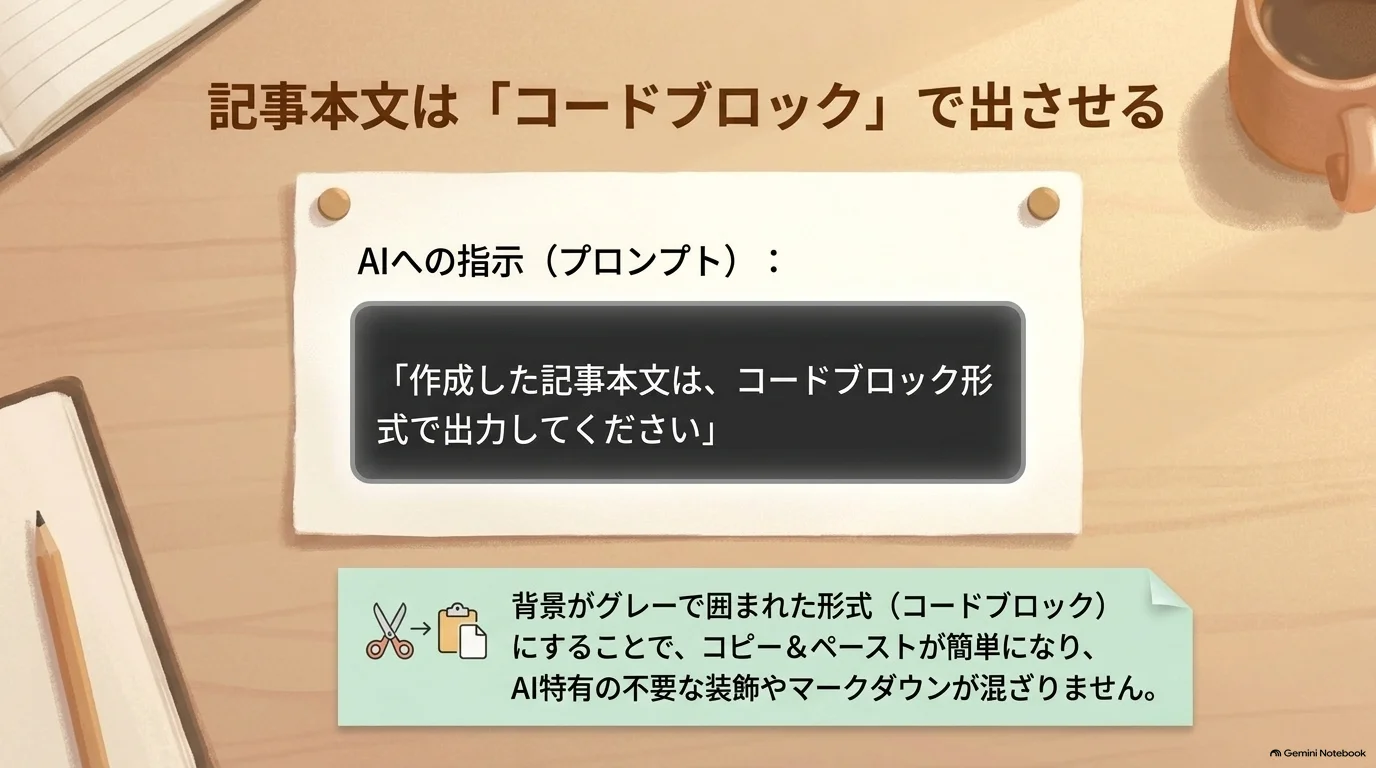 本文をコードブロックで出力させる