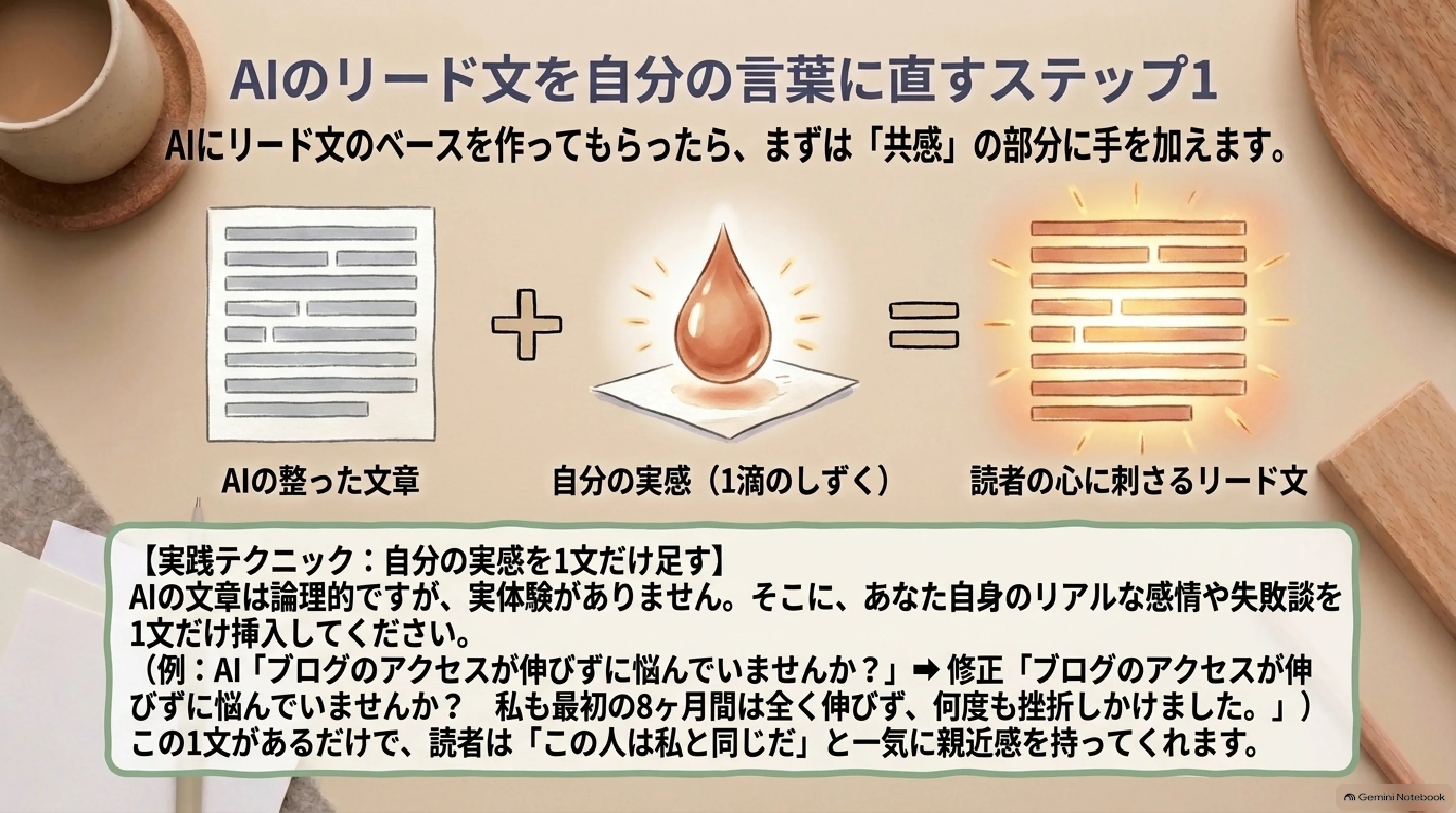 AIの共感文に自分の実感を一文足す