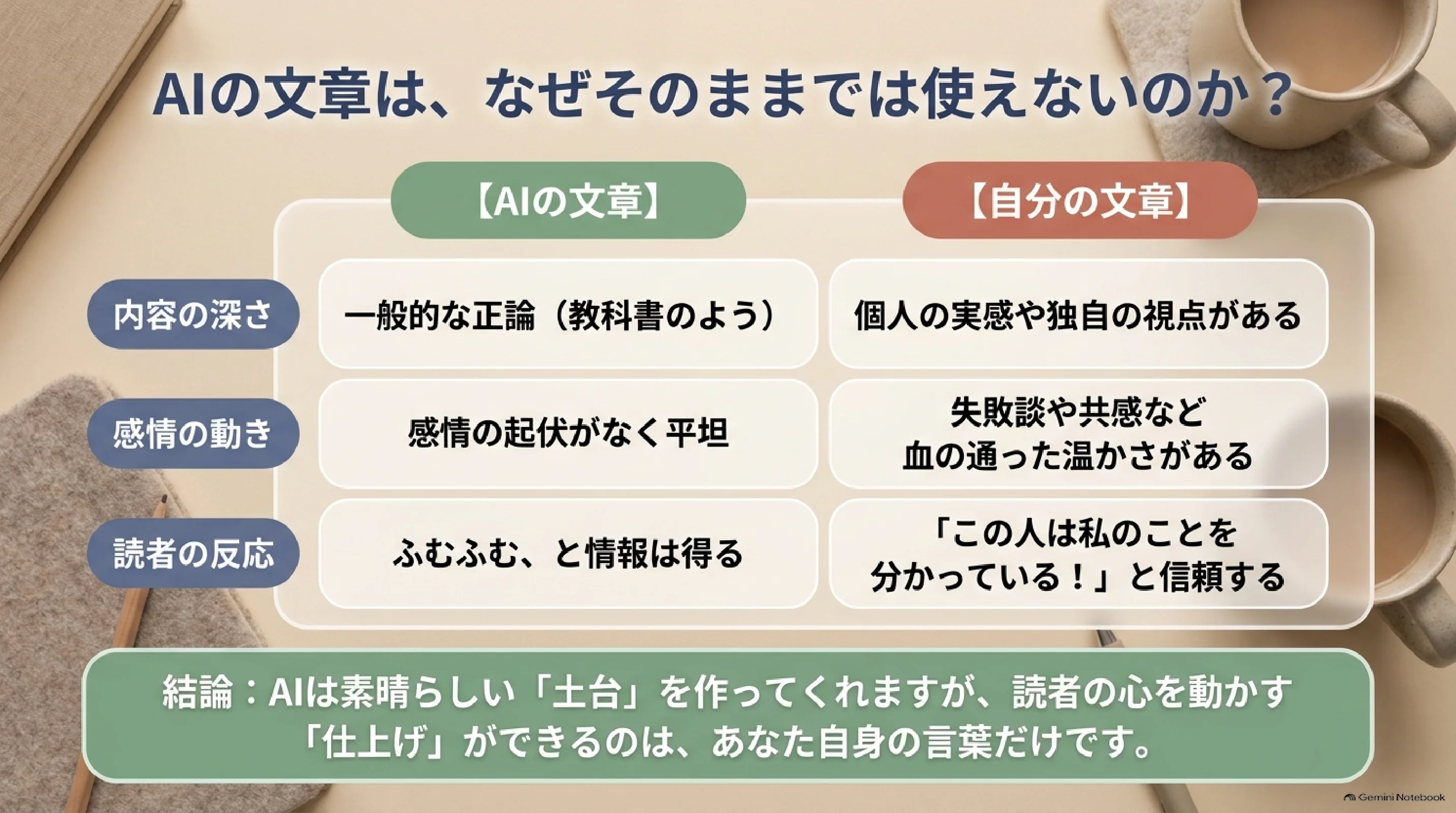 AIの文章と自分の文章の違いを比べる表