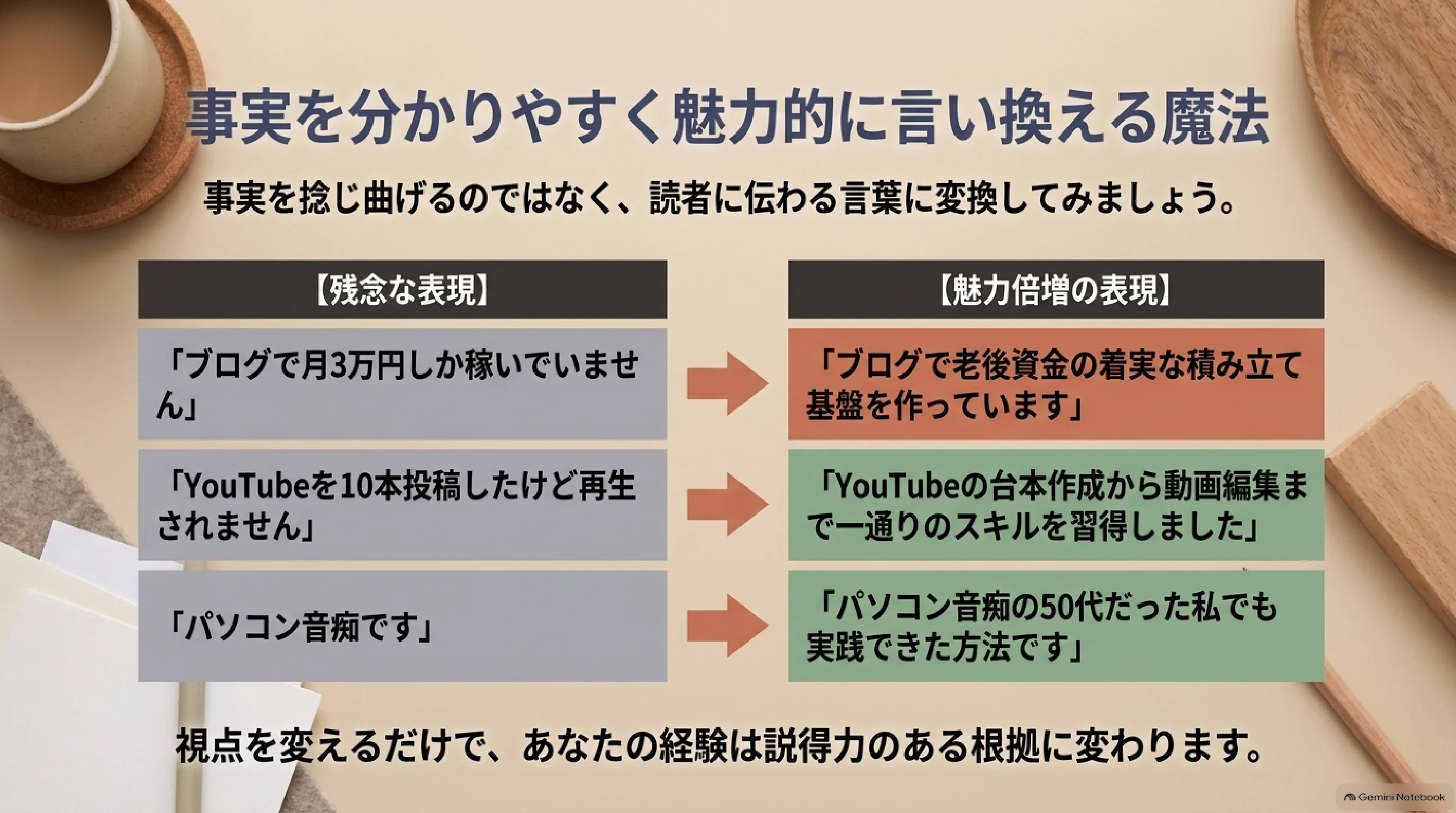 事実を分かりやすく魅力的な言葉に直す例