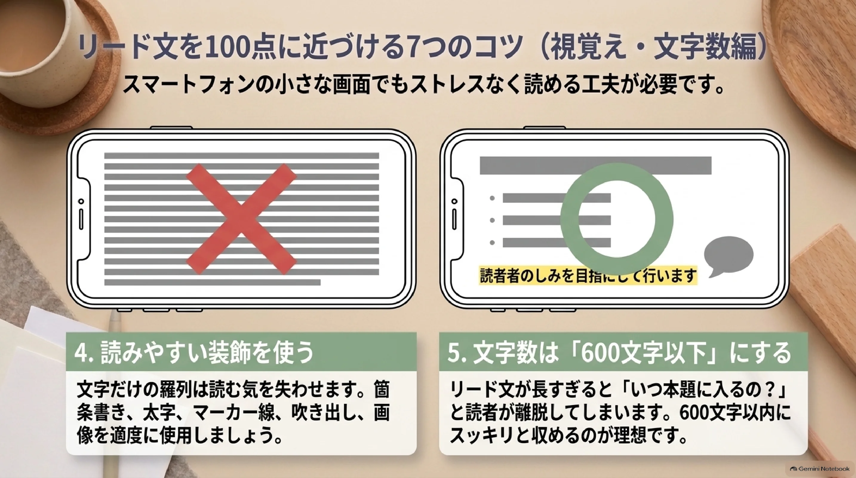読みやすい装飾と600文字以下の目安