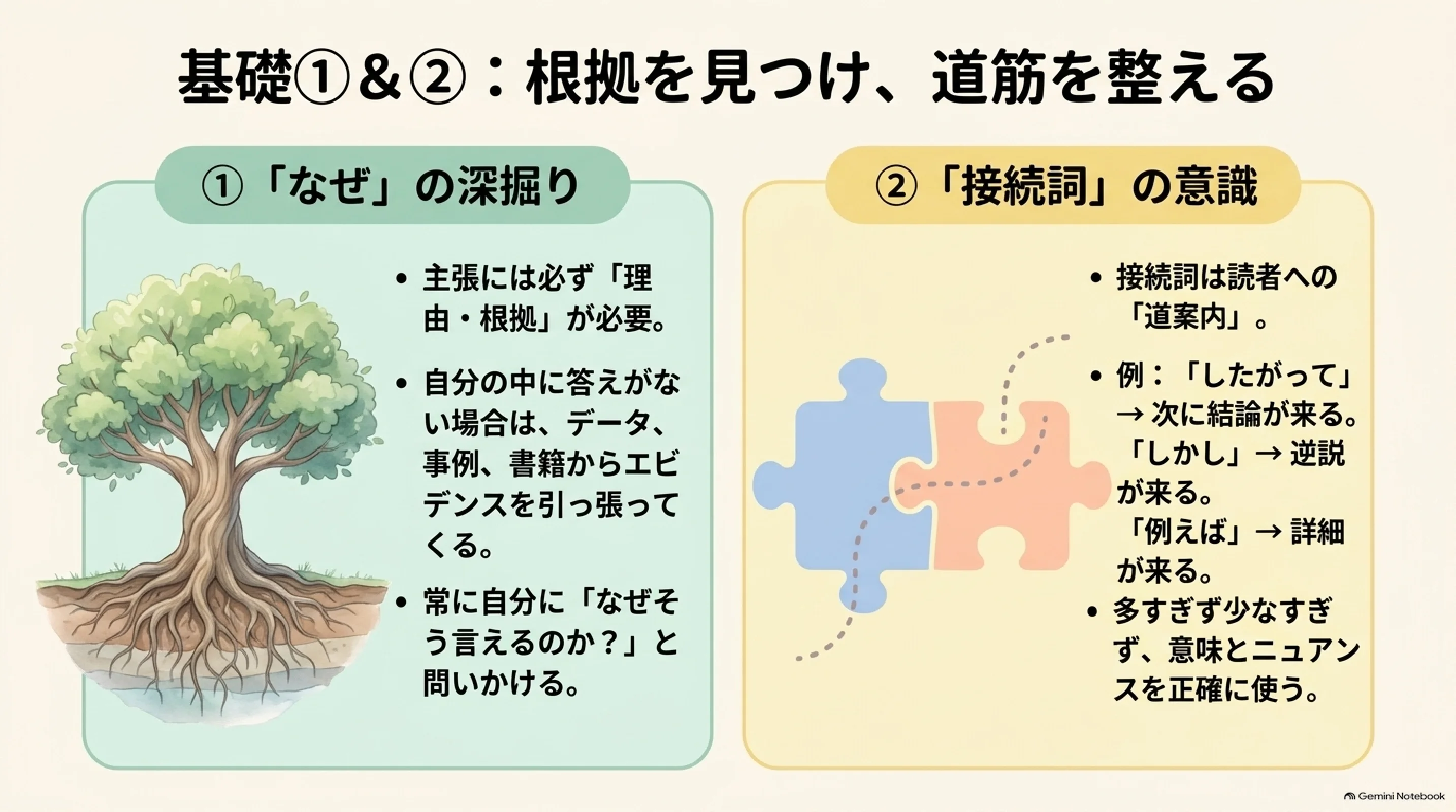 根拠の木と接続詞のパズルで論理をつなぐ方法
