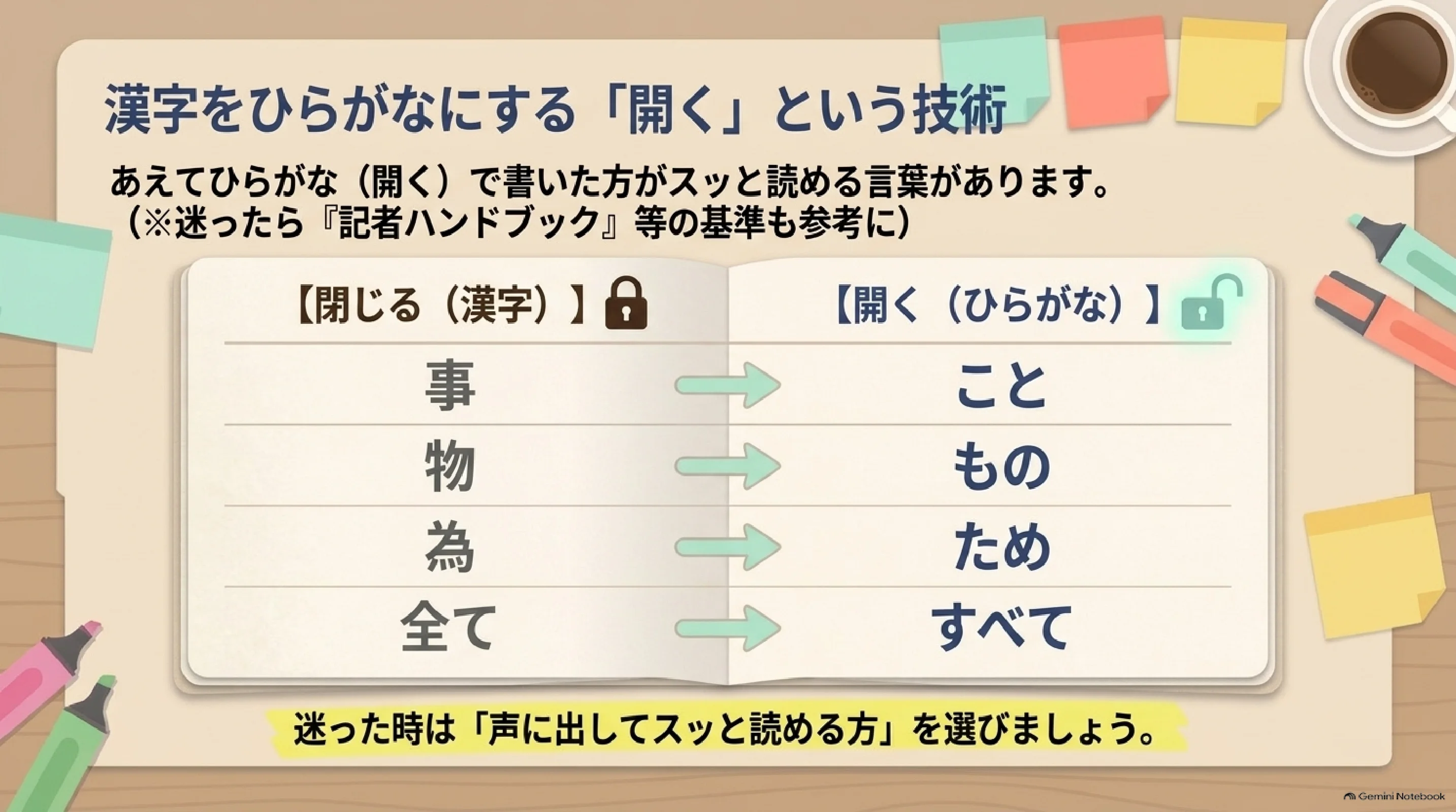 漢字をひらがなに開く変換例