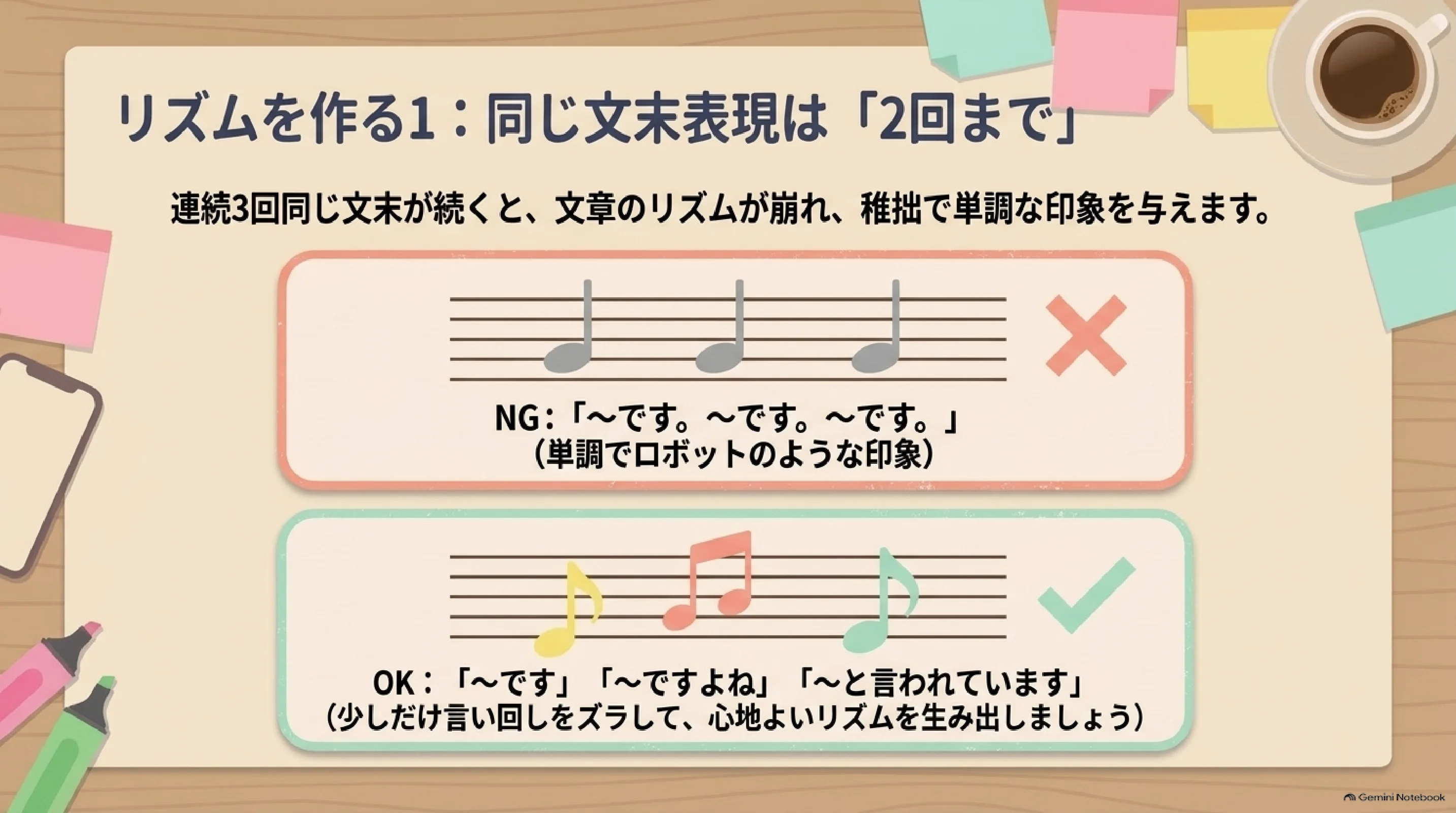 同じ文末表現は2回までにする目安