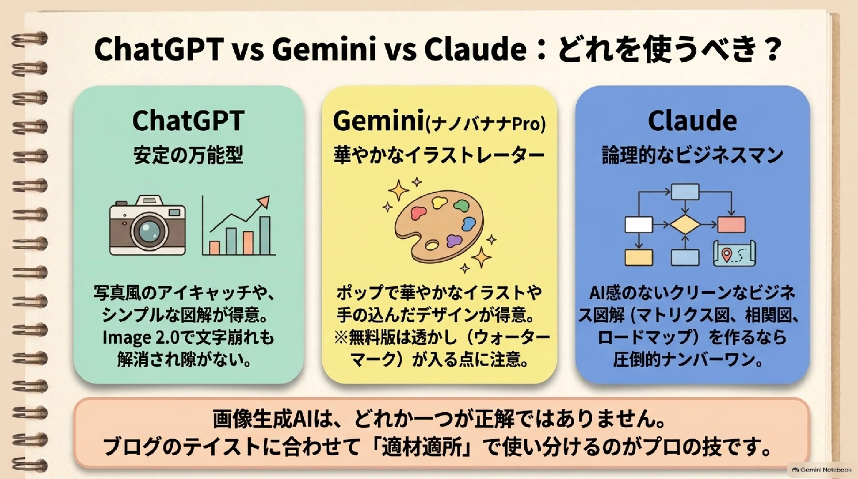 ChatGPT・Gemini・Claudeの画像生成の得意分野を比べる図