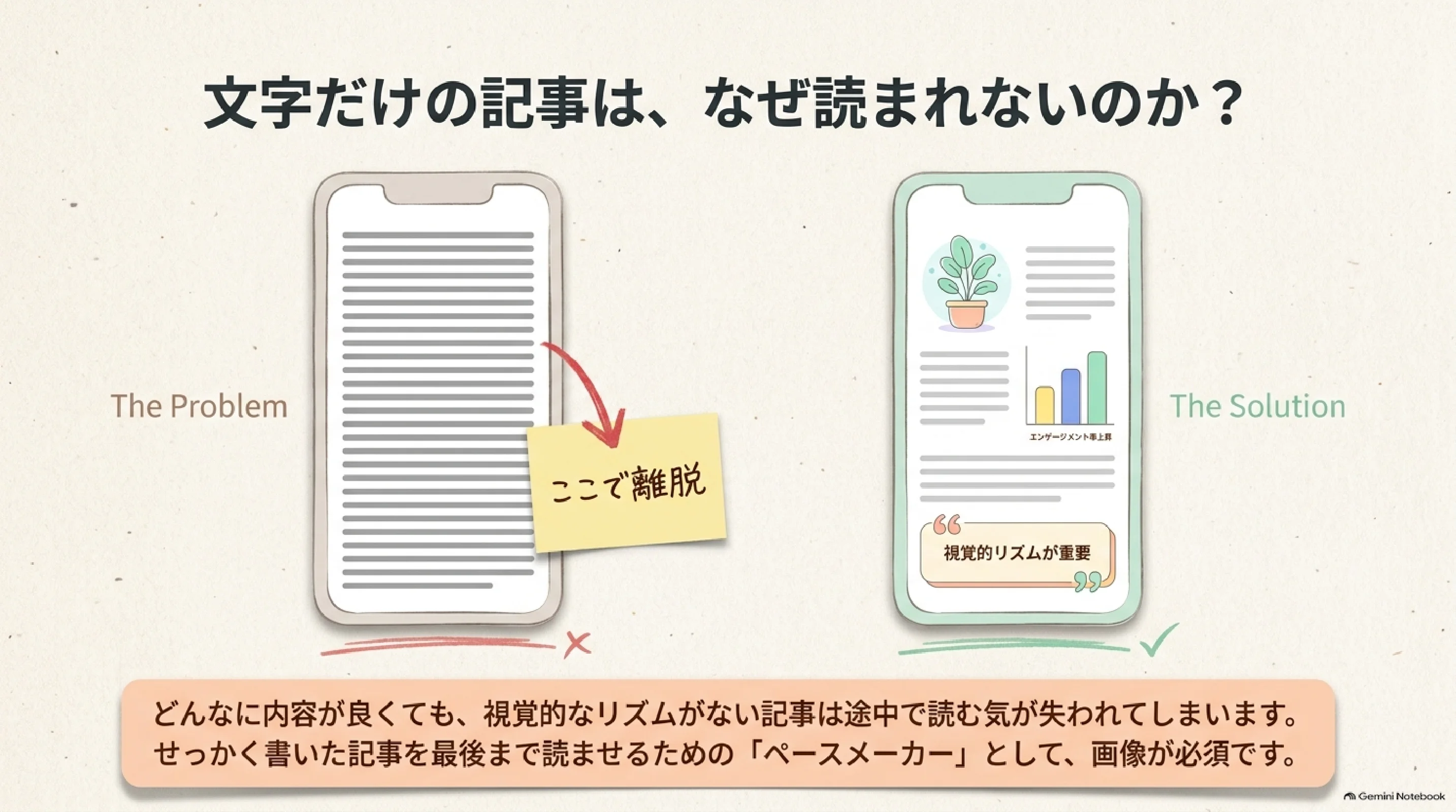 文字だけの記事と画像を含む記事の読みやすさの対比