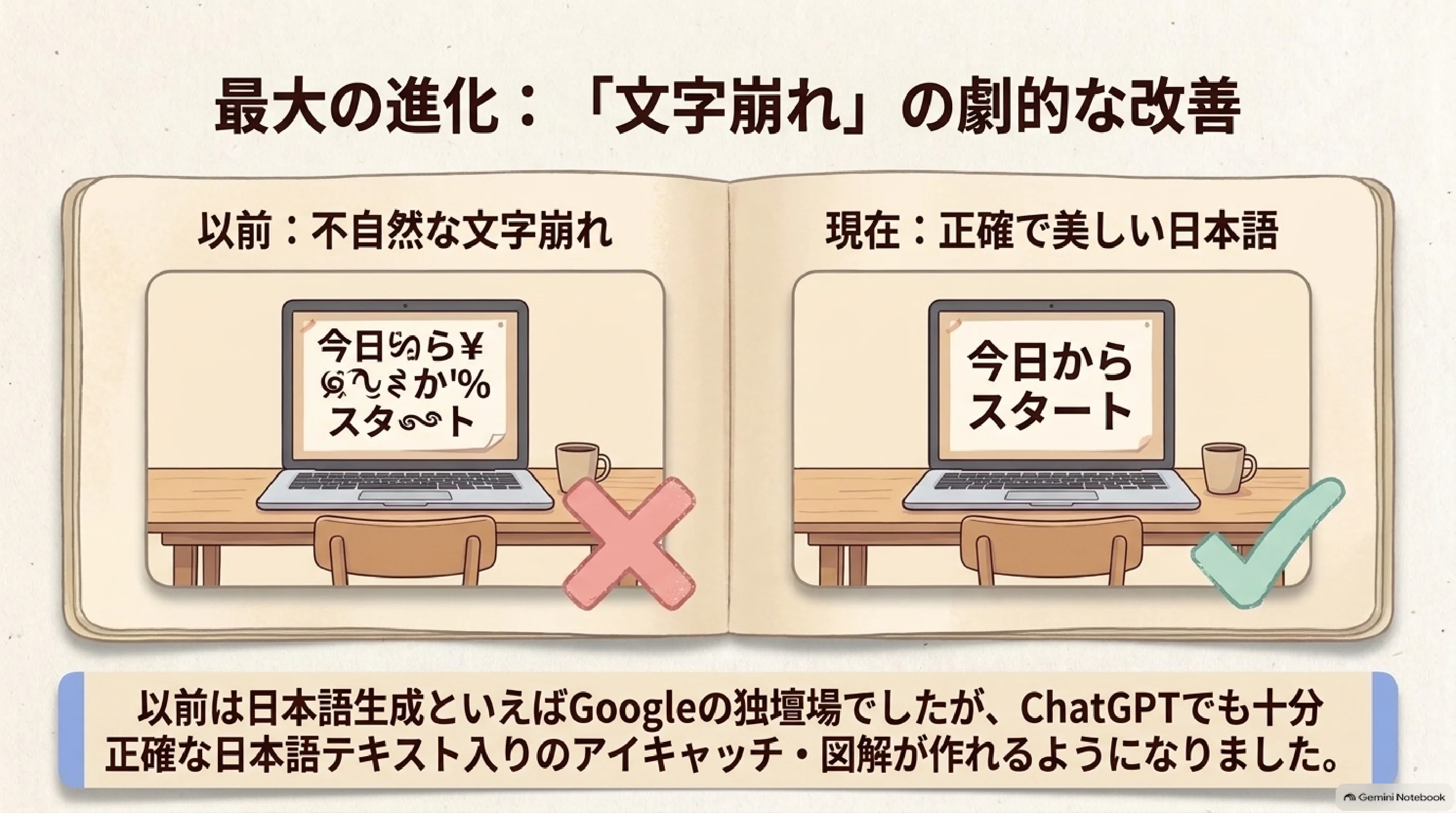 画像生成AIで日本語の文字が崩れる例と改善された例の比較