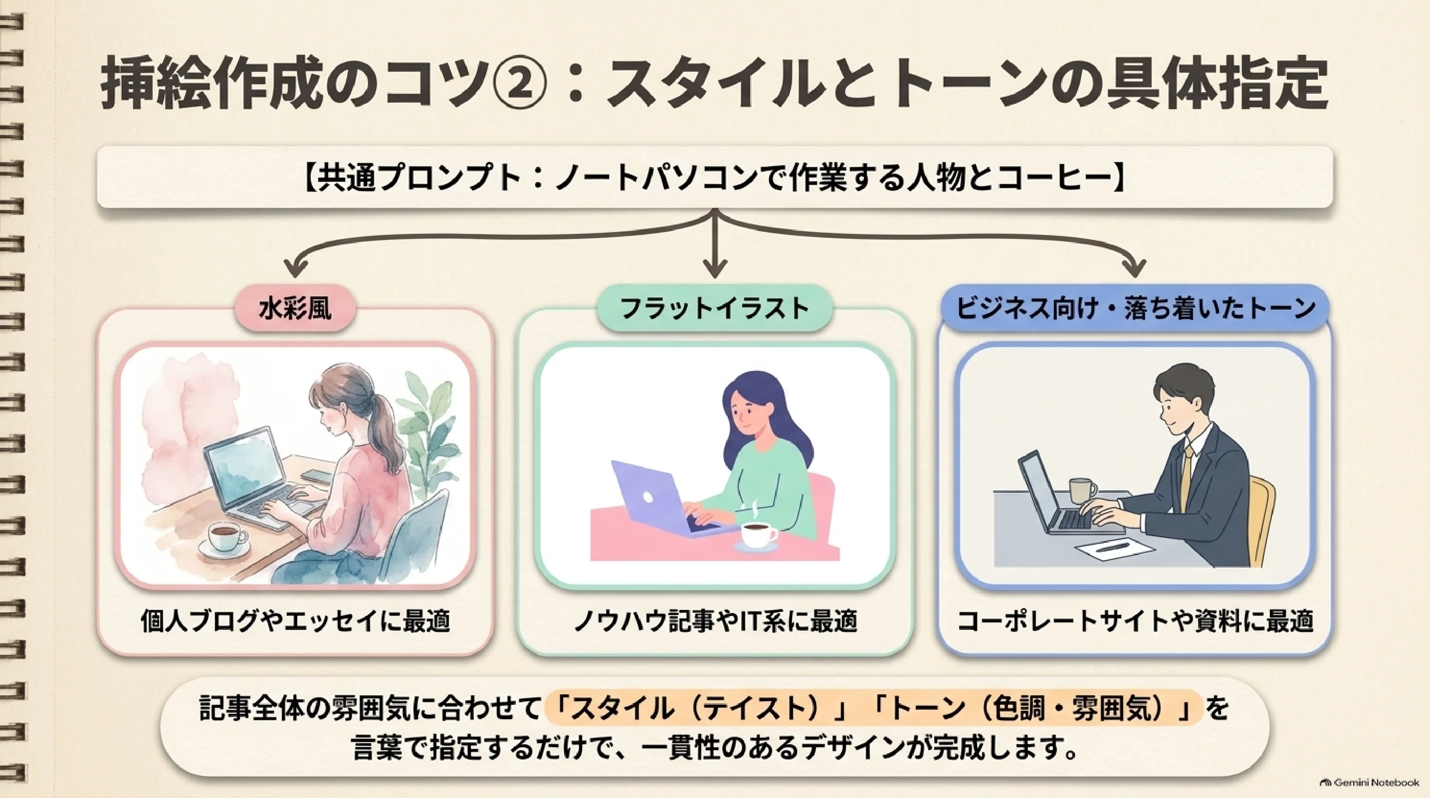 画像のスタイルとトーンを具体的に指定する例