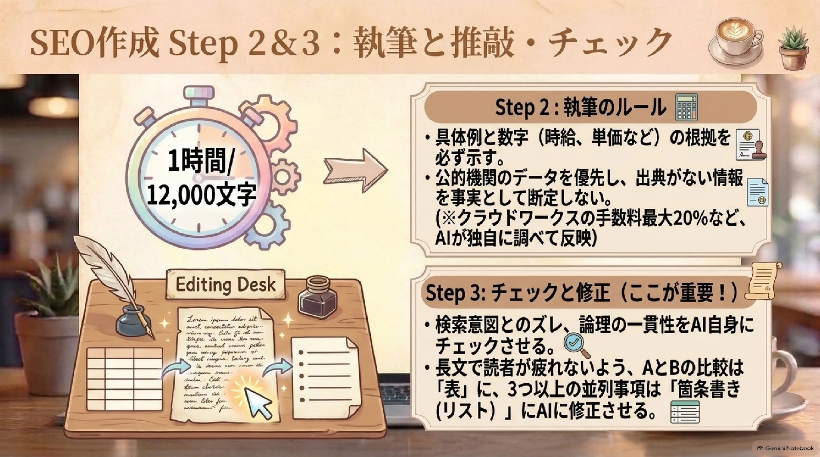 SEO記事のSTEP2とSTEP3で執筆と確認を行う流れ