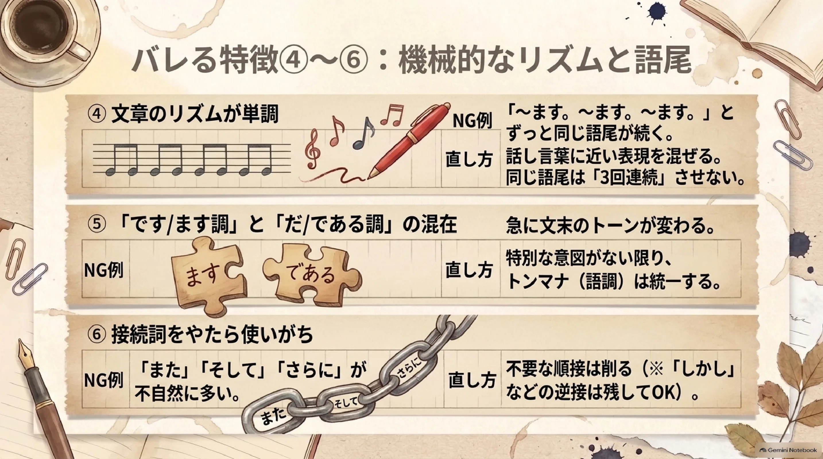 文末のリズムと文体と接続詞のチェック